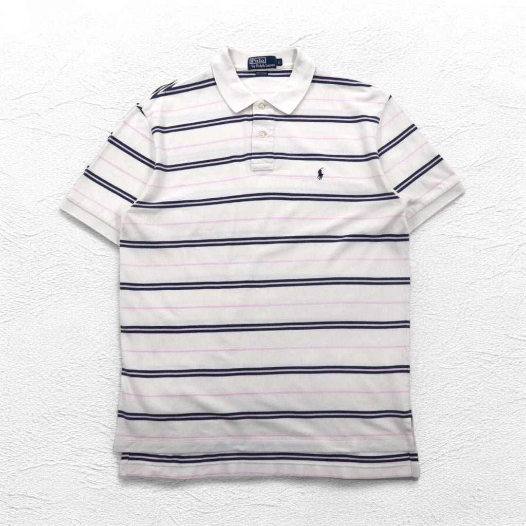 Polo by Ralph Lauren 90s Striped Polo Shirt L White Pique Small Pony Embroidery