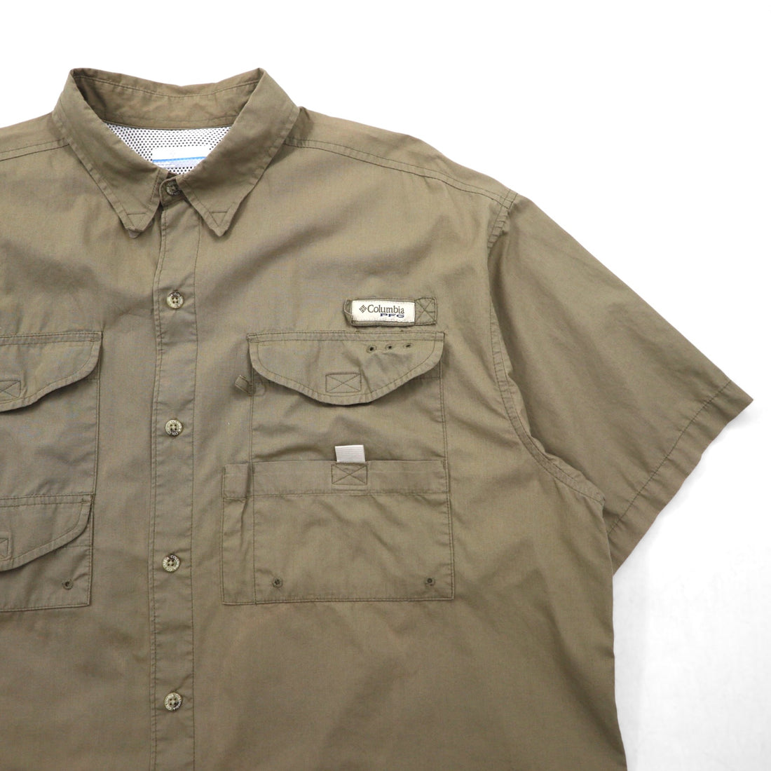 Columbia PFG Bahamas Short Sleeve Fishing Shirt, Size L, Khaki Cotton Utility Multi-Pocket, FM7130