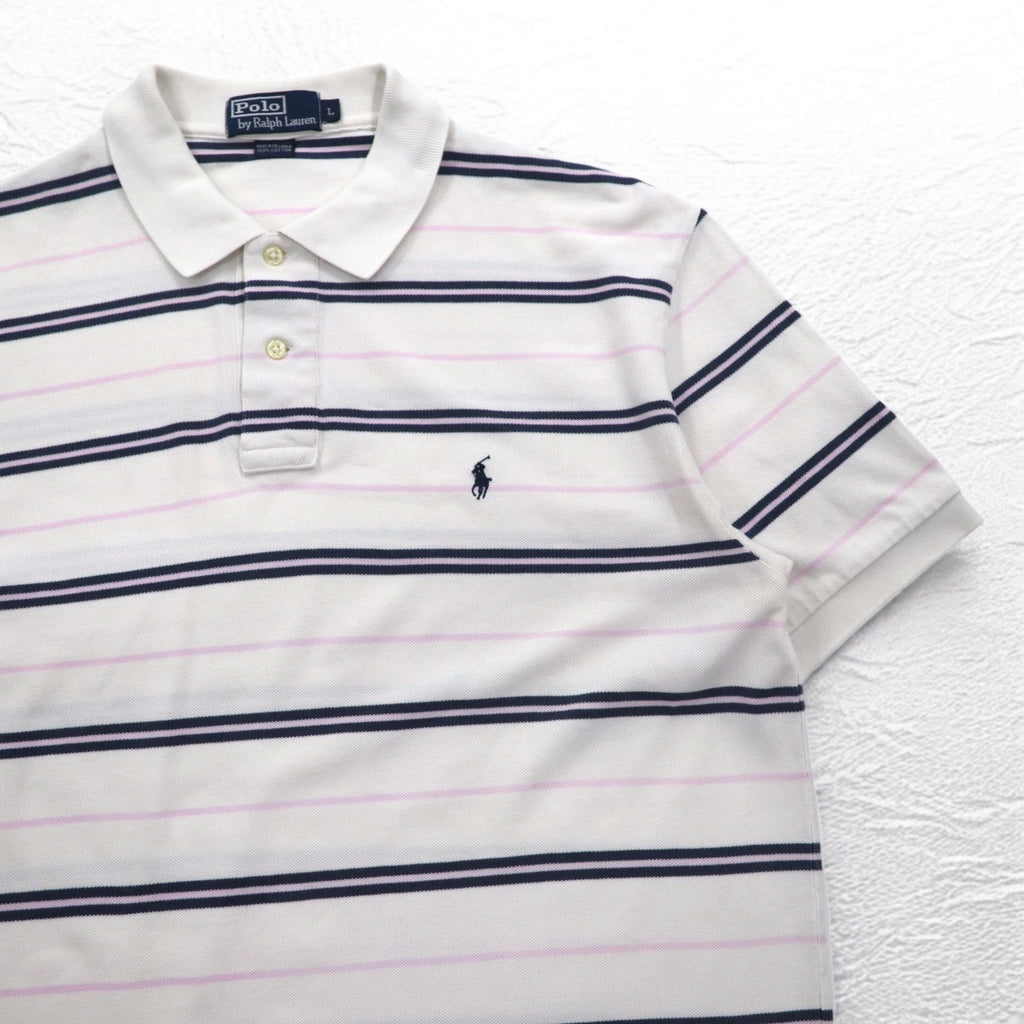 Polo by Ralph Lauren 90s Striped Polo Shirt L White Pique Small Pony Embroidery