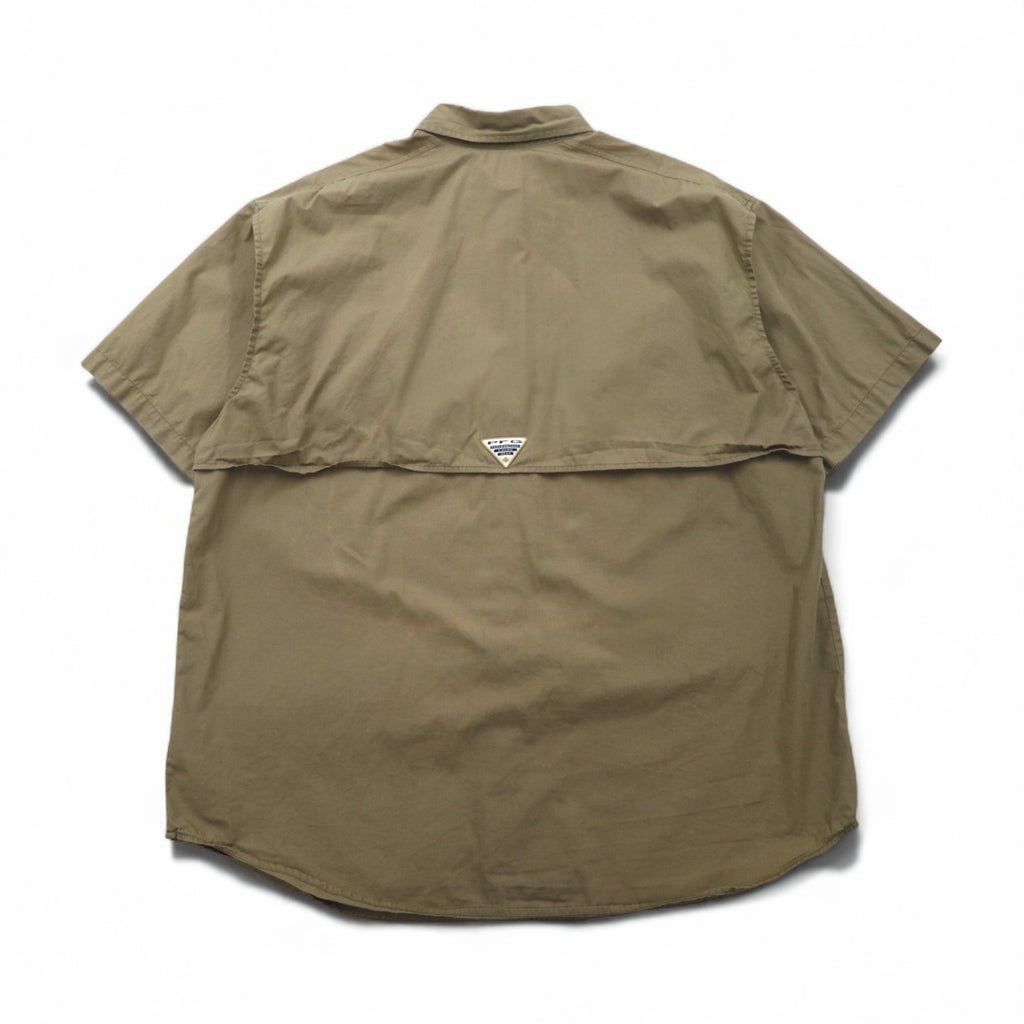 Columbia PFG Bahamas Short Sleeve Fishing Shirt, Size L, Khaki Cotton Utility Multi-Pocket, FM7130
