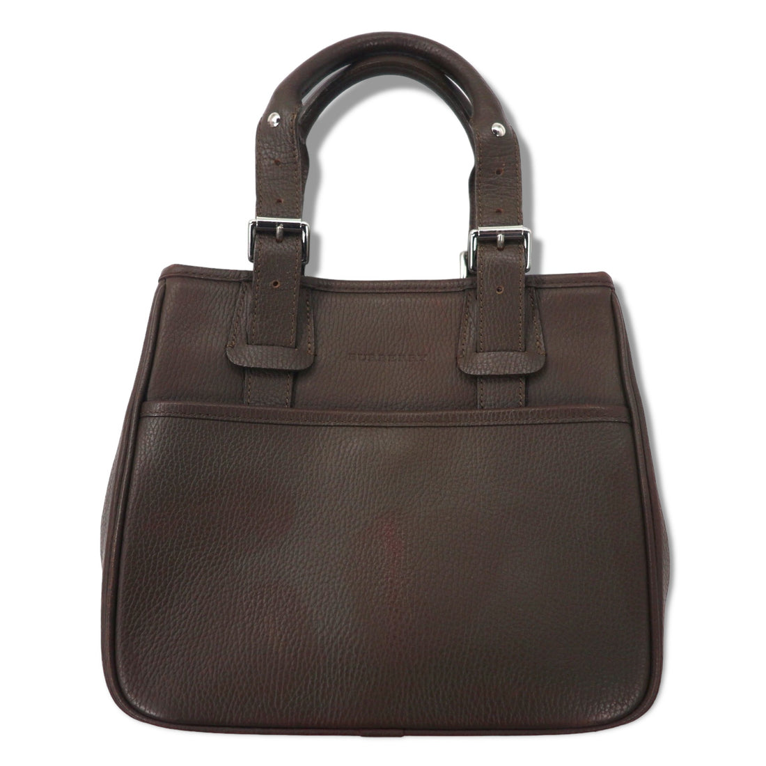日本然リトテ-古着オンライン-BURBERRY スクエア ハンドバッグ ブラウン レザー シボ革 内側ノバチェック-BURBERRY Square Handbag Brown Leather Grained Leather Inside Checked
