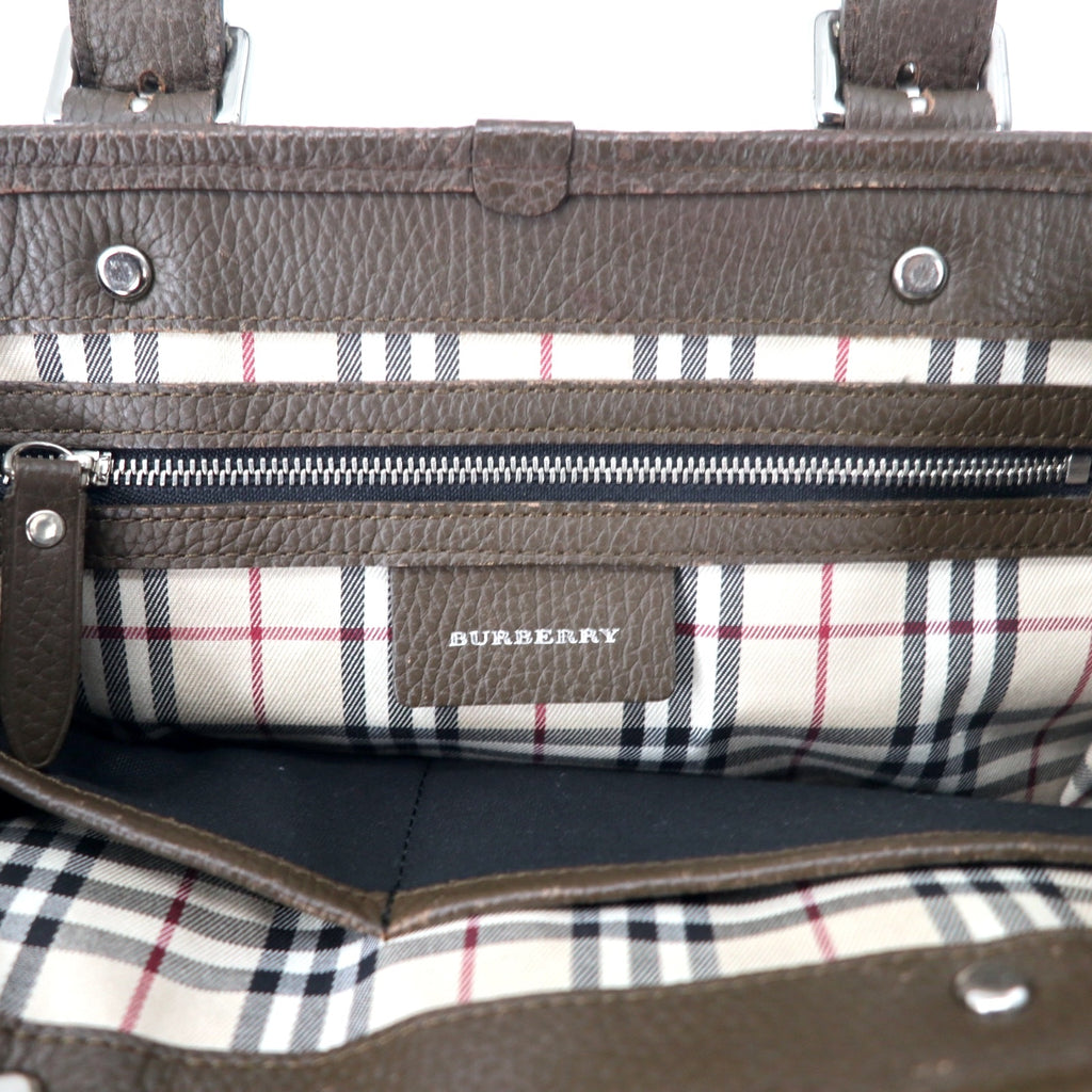 BURBERRY Square Handbag Brown Leather Grained Leather Inside Nova Check