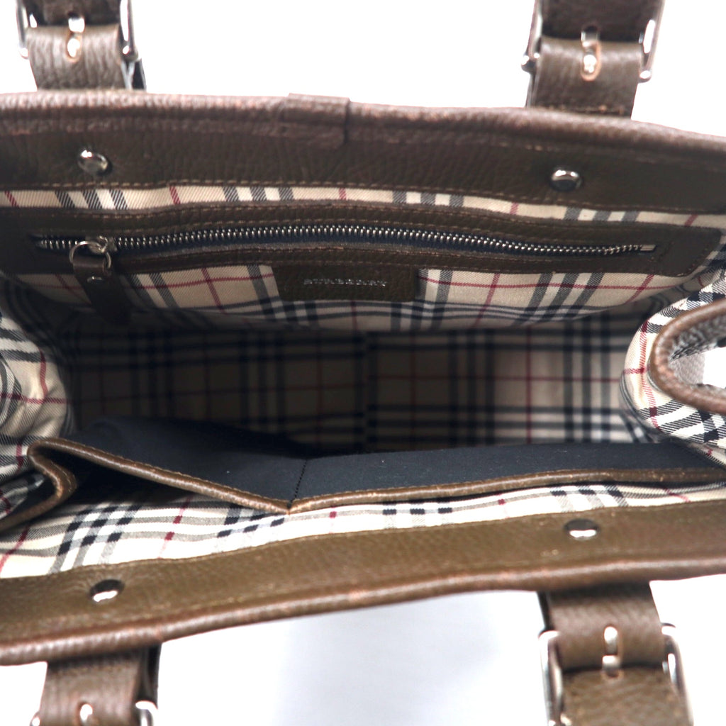 BURBERRY Square Handbag Brown Leather Grained Leather Inside Nova Check