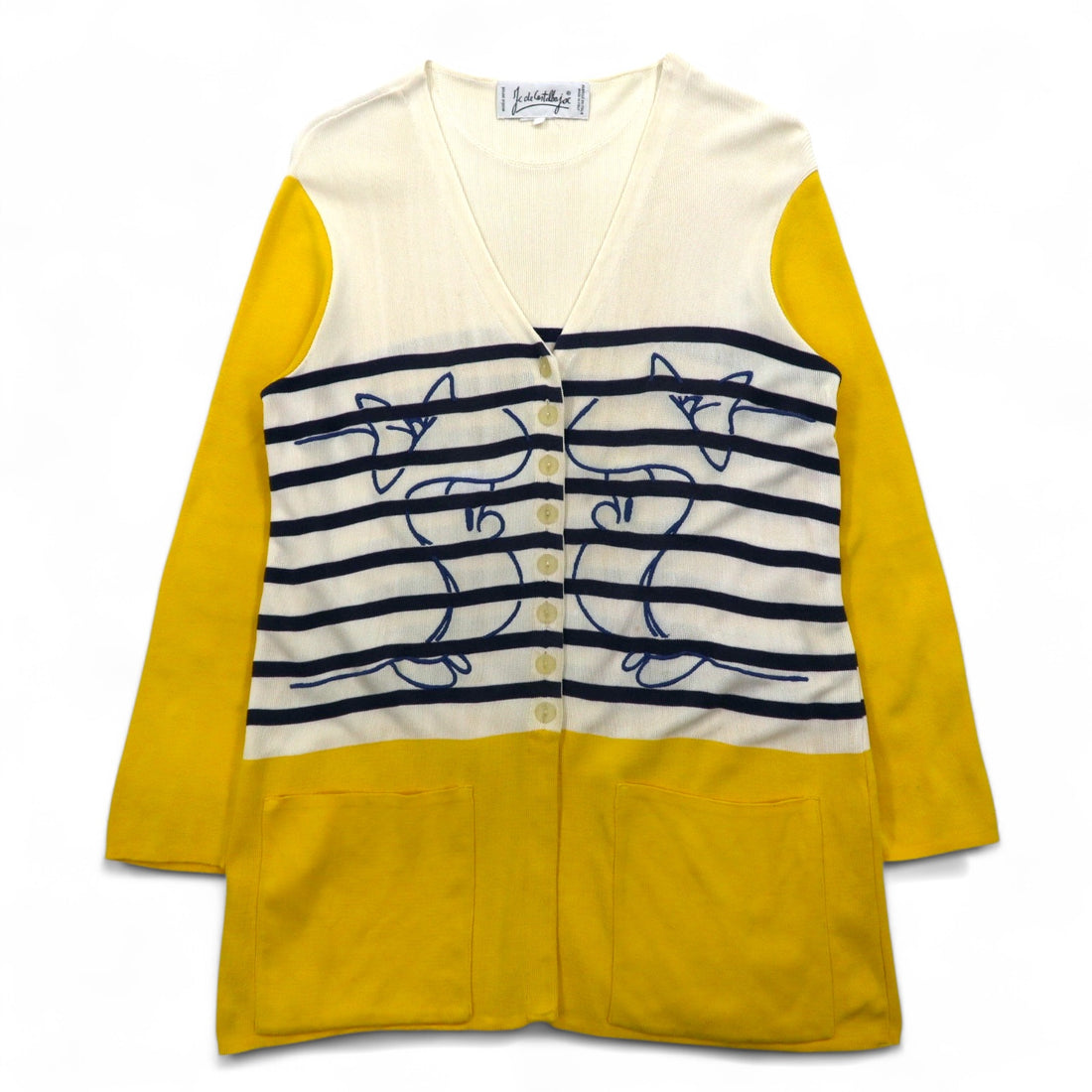 JC de Castelbajac Made in Italy 90s Long Cardigan L Beige Yellow Border Character Embroidery