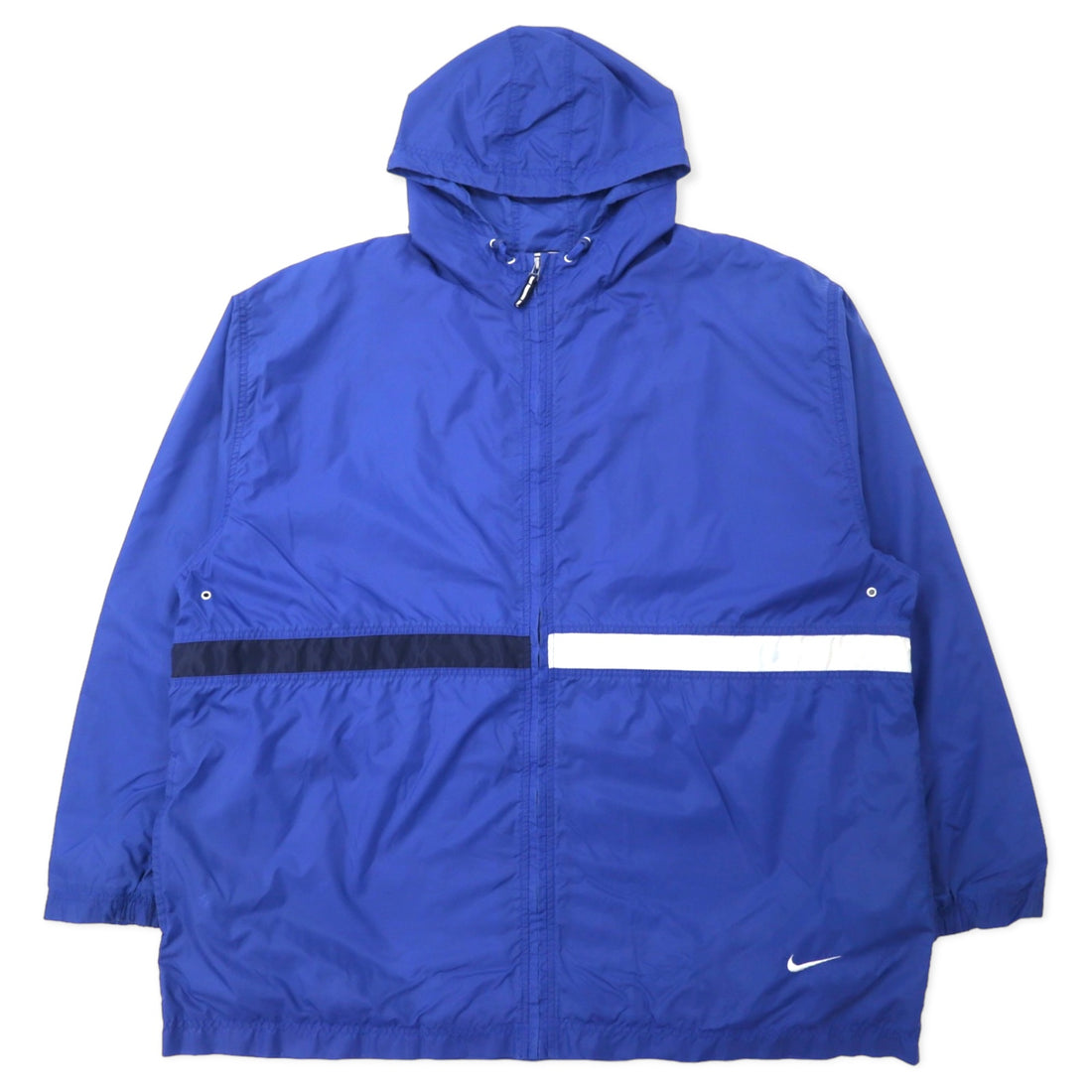 日本然リトテ-古着オンライン-NIKE 90年代 ナイロンジャケット フーディー XXL ブルー スウォッシュロゴ刺繍 銀タグ ビッグサイズ-NIKE 90's Windbreaker Hoodie XXL Blue Swoosh Logo Embroidery Silver Tag Big Size