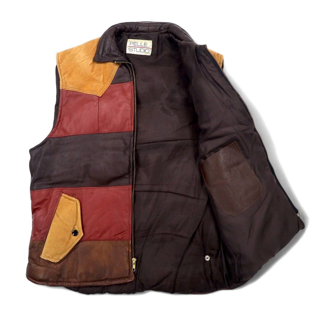 PELLE STUDIO 90s Leather Down Vest, Padded, L, Brown, Multicolor, Corduroy