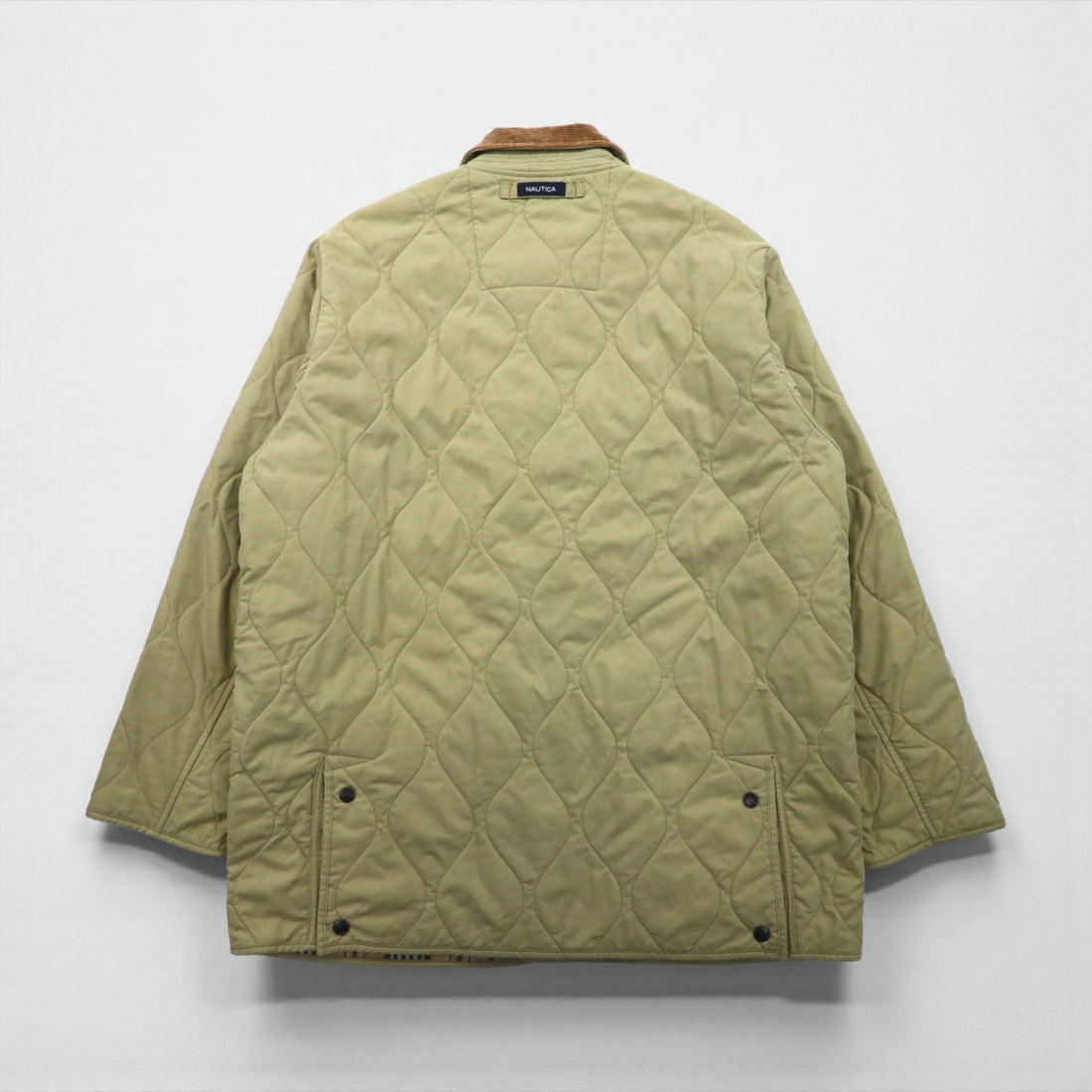 NAUTICA Quilted Jacket, Size L, Beige, Check Lining, Corduroy Collar, Padded, Smart Fabric Technology, Snap Buttons, Zipper Closure