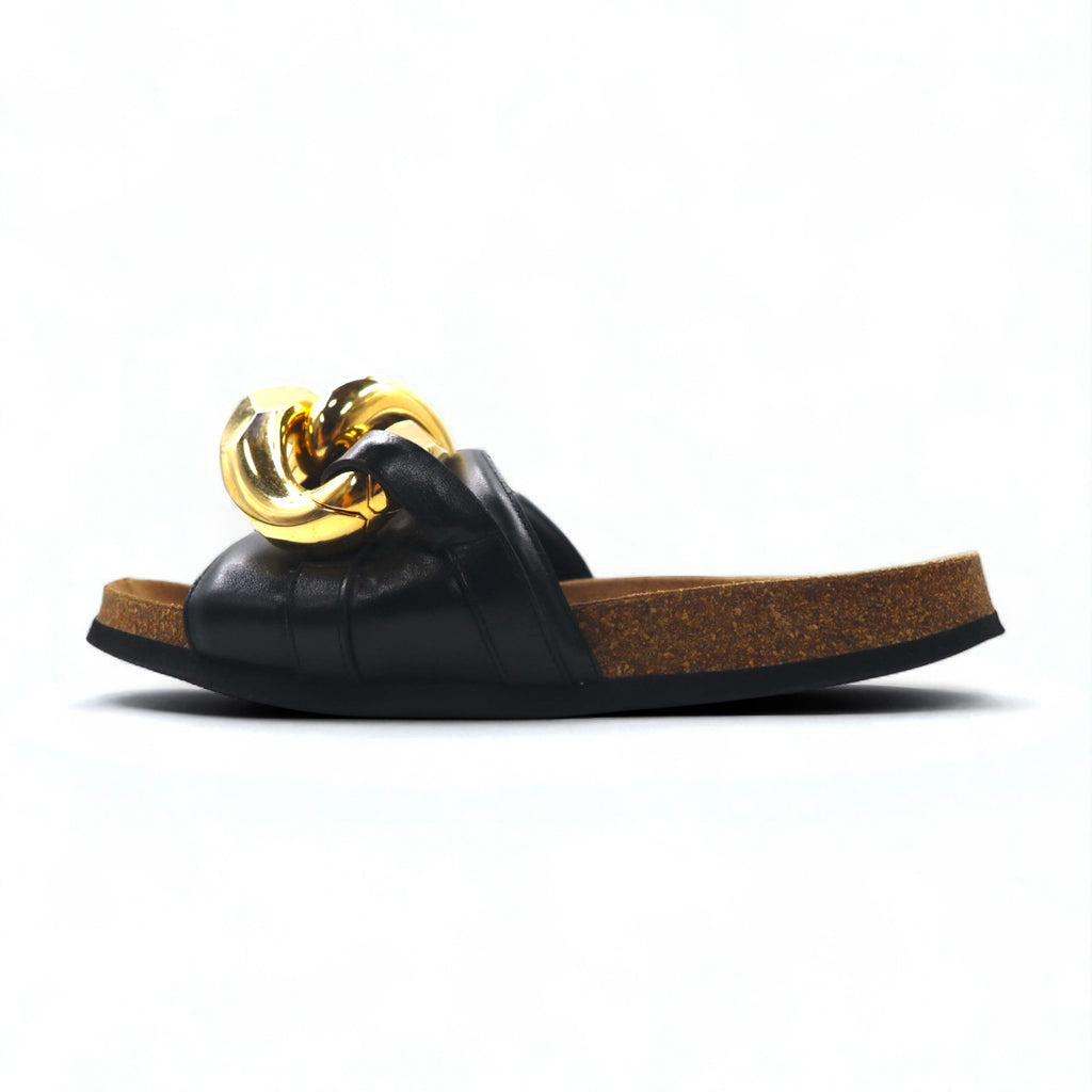 JW ANDERSON Gold Chain Slide Sandals, Sizes 26-26.5cm, Black Metal and Leather