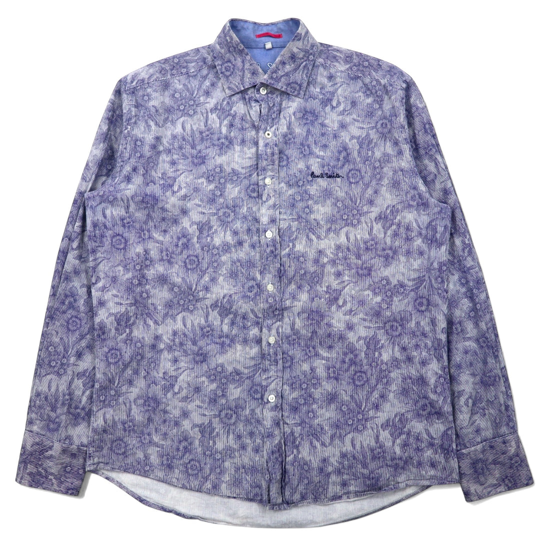 日本然リトテ-古着オンライン-Paul Smith 花柄 ドレスシャツ M ブルー コットン ワンポイントロゴ 刺繍-Paul Smith Floral Dress Shirt M Blue Cotton One Point Logo Embroidery