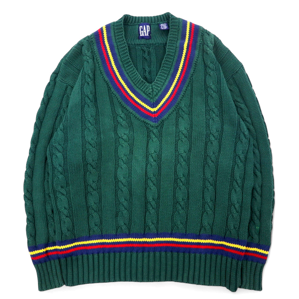 日本然リトテ-古着オンライン-GAP 90年代 オールドギャップ チルデン ニット Vネック セーター L グリーン コットン-GAP 90's Vintage Gap Tilden Knit V-Neck Sweater L Green Cotton