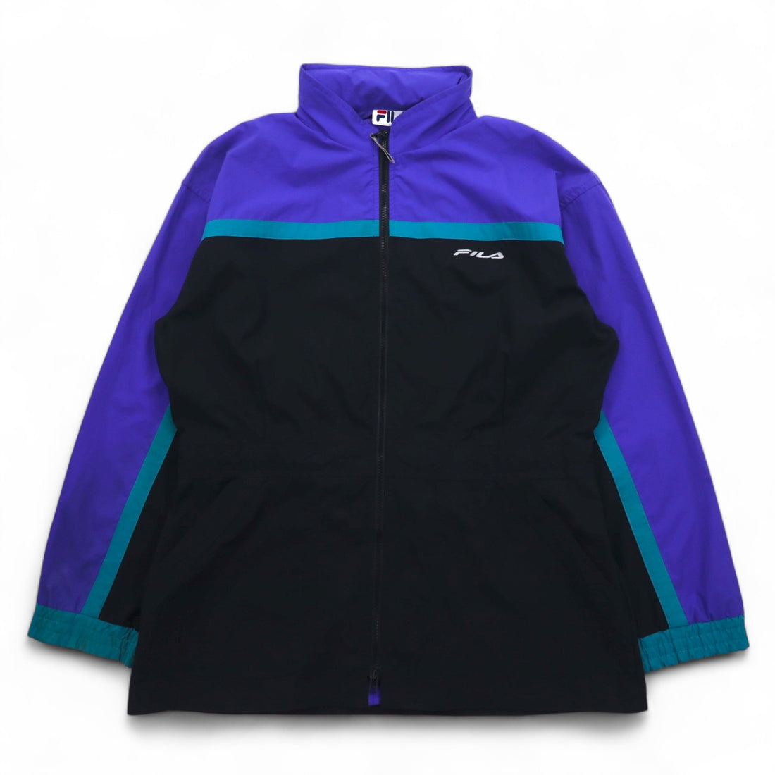FILA 90s Nylon Jacket L Black Purple Drawstring Retractable Hood Double Zip