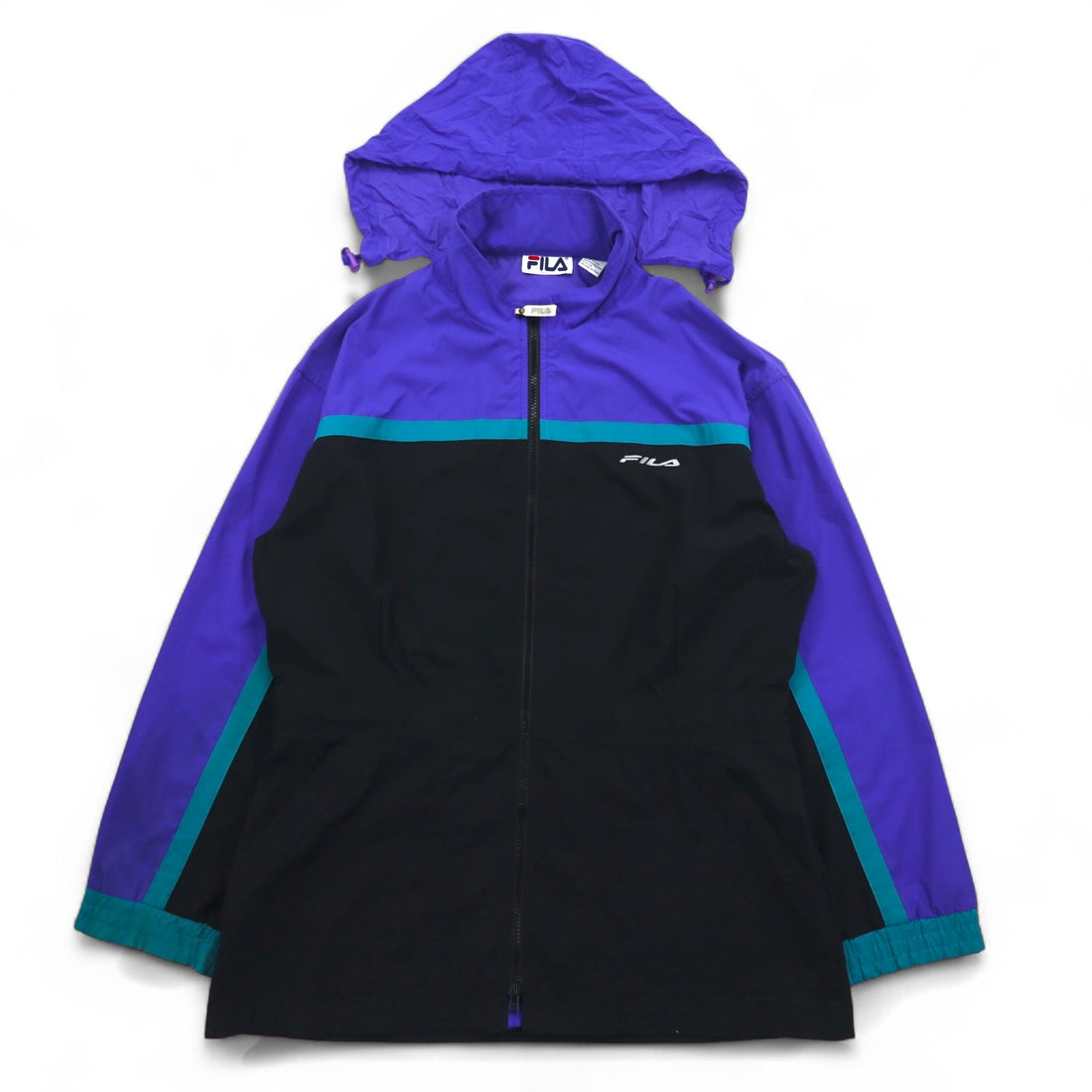 FILA 90s Nylon Jacket L Black Purple Drawstring Retractable Hood Double Zip