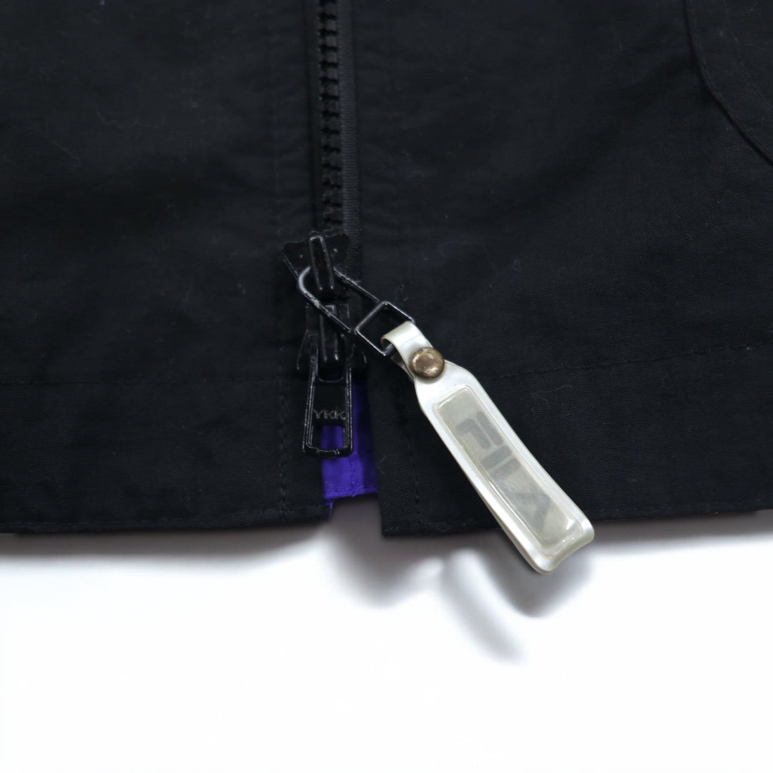 FILA 90s Nylon Jacket L Black Purple Drawstring Retractable Hood Double Zip