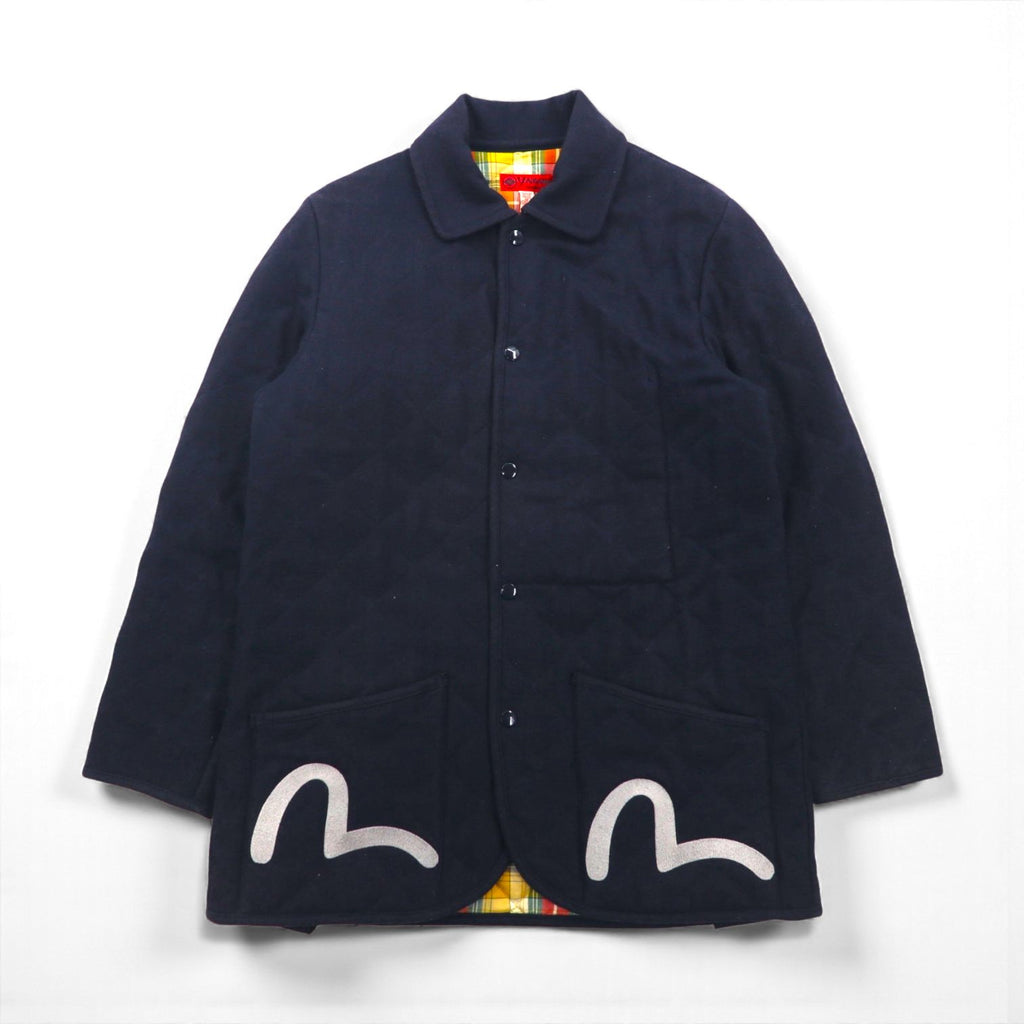 YAMANE ( EVISU ) ツイード キルティングジャケット L ネイビー 刺繍 カモメ 中綿 タータンチェック裏地