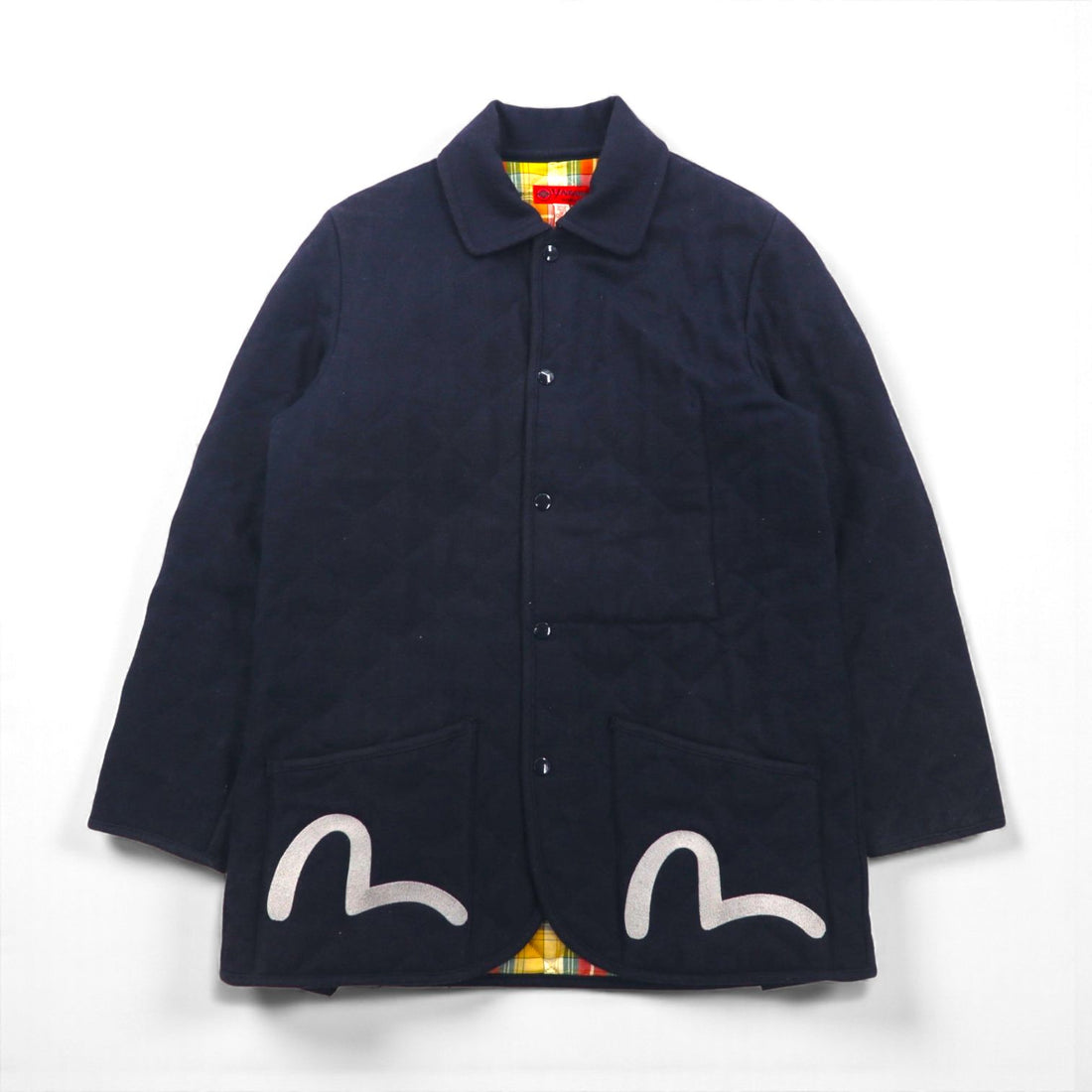 YAMANE ( EVISU ) ツイード キルティングジャケット L ネイビー 刺繍 カモメ 中綿 タータンチェック裏地