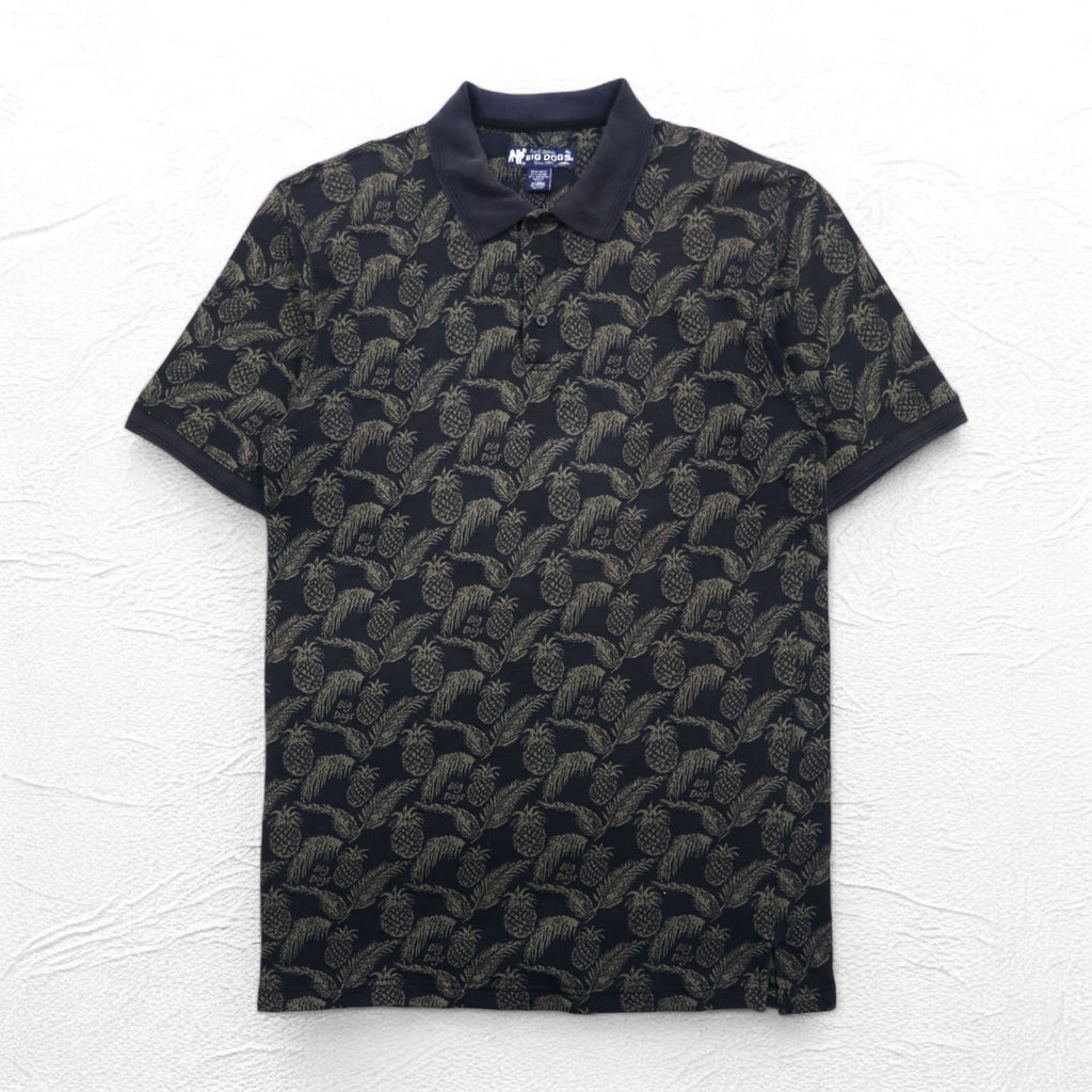 Vintage 90s Polo Shirt BIG DOGS 90年代 ポロシャツ XL ブラック 総柄 パイナップル ボタニカル ビッグサイズ