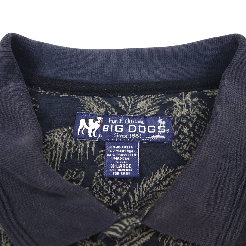 Vintage 90s Polo Shirt BIG DOGS 90年代 ポロシャツ XL ブラック 総柄 パイナップル ボタニカル ビッグサイズ