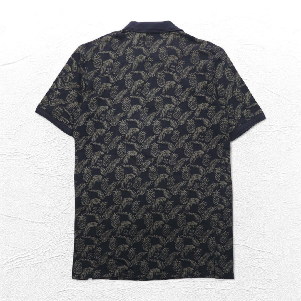 Vintage 90s Polo Shirt BIG DOGS 90年代 ポロシャツ XL ブラック 総柄 パイナップル ボタニカル ビッグサイズ