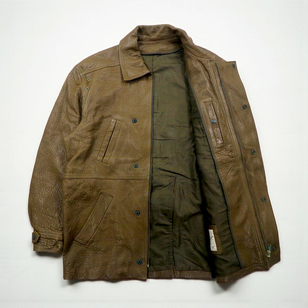 80s France Vintage Belted Leather Jacket シボ革 レザーコート XL 比翼 ベルト付き 80年代 フランス製 McDouglas PARIS