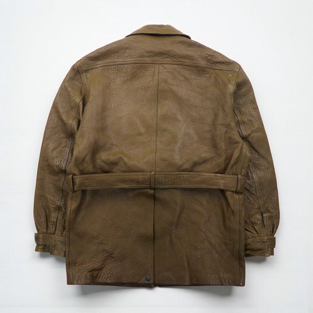 80s France Vintage Belted Leather Jacket シボ革 レザーコート XL 比翼 ベルト付き 80年代 フランス製 McDouglas PARIS