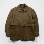 80s France Vintage Belted Leather Jacket シボ革 レザーコート XL 比翼 ベルト付き 80年代 フランス製 McDouglas PARIS