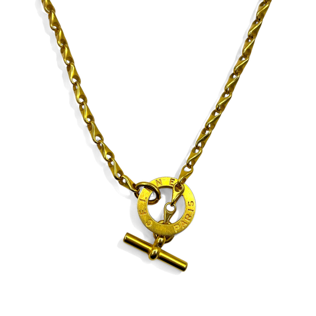 CELINE 80s Made in Italy Vintage 2WAY Chain Belt Necklace Circle Logo Toggle Gold Metal