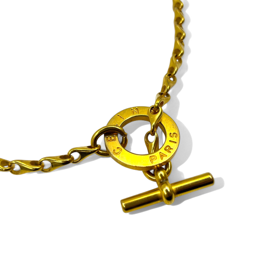 CELINE 80s Made in Italy Vintage 2WAY Chain Belt Necklace Circle Logo Toggle Gold Metal