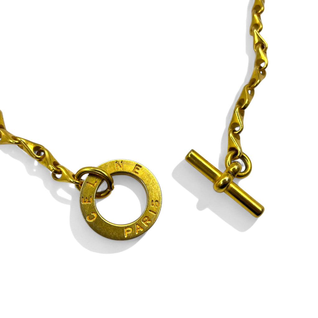 CELINE 80s Made in Italy Vintage 2WAY Chain Belt Necklace Circle Logo Toggle Gold Metal