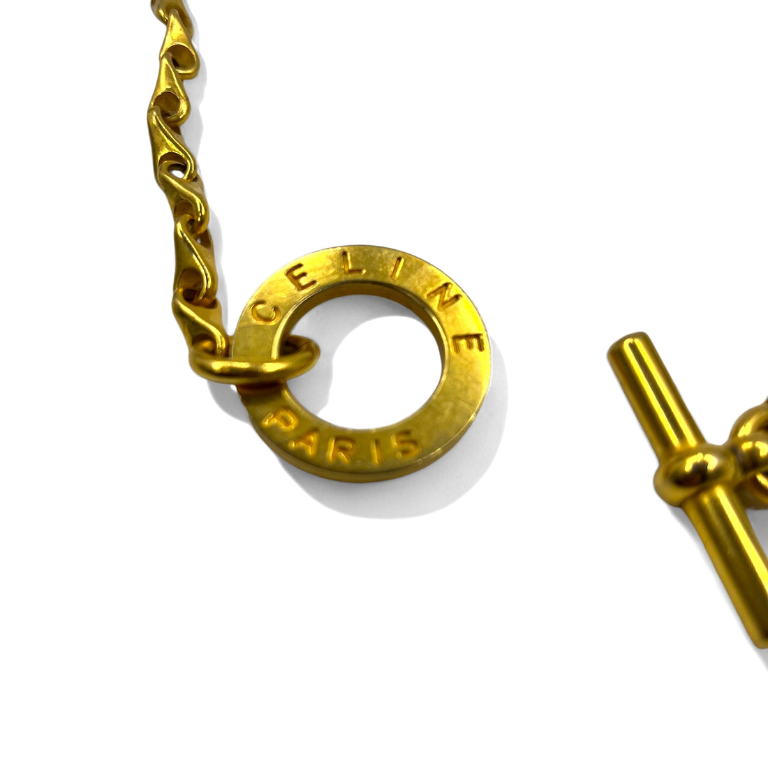 CELINE 80s Made in Italy Vintage 2WAY Chain Belt Necklace Circle Logo Toggle Gold Metal