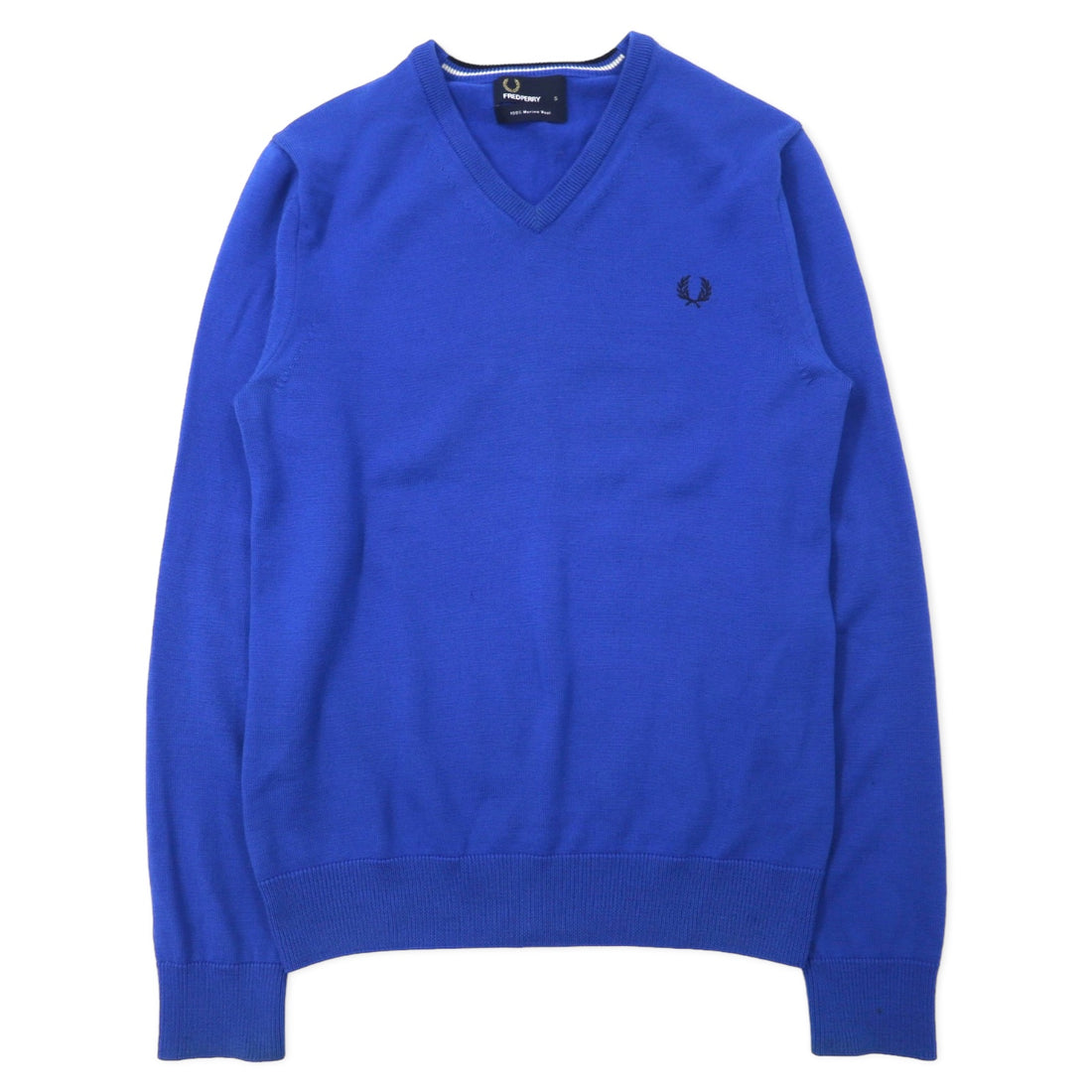 日本然リトテ-古着オンライン-FRED PERRY Vネック メリノウール ニット セーター S ブルー ワンポイントロゴ刺繍 K8225-FRED PERRY V-neck merino wool knit sweater S blue one point logo embroidery K8225