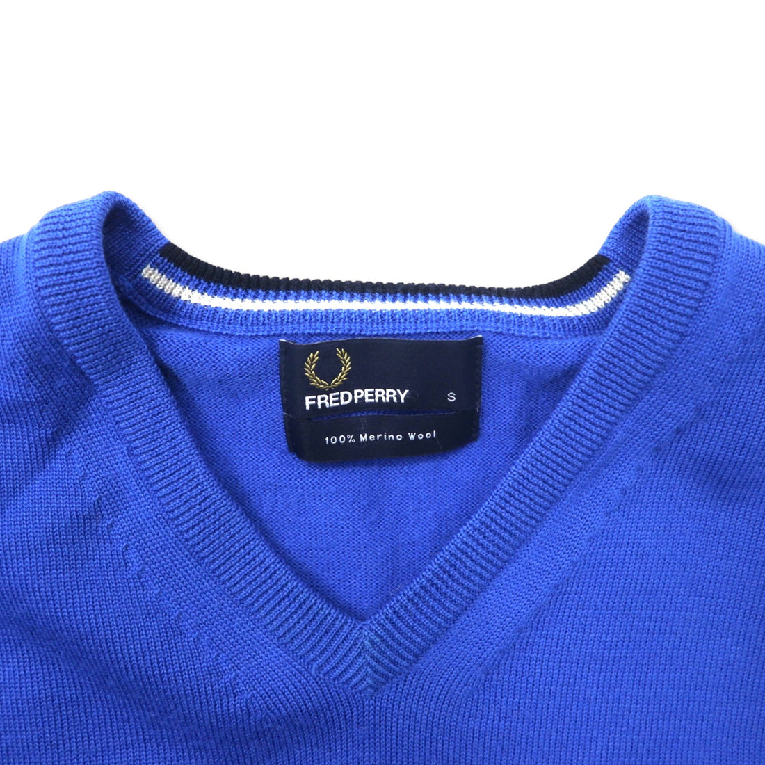 FRED PERRY V-neck merino wool knit sweater S blue one point logo embroidery K8225