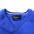 FRED PERRY V-neck merino wool knit sweater S blue one point logo embroidery K8225