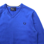 FRED PERRY V-neck merino wool knit sweater S blue one point logo embroidery K8225