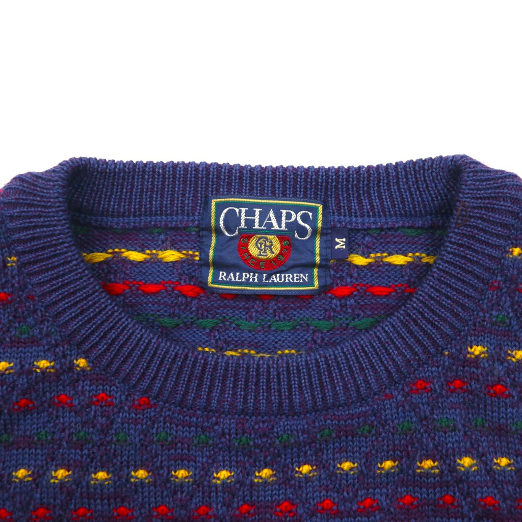 CHAPS RALPH LAUREN 90s Made in Japan Crew Neck All-Over Print Knit Sweater, Size M, Navy Wool