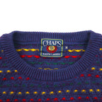 CHAPS RALPH LAUREN 90s Made in Japan Crew Neck All-Over Print Knit Sweater, Size M, Navy Wool