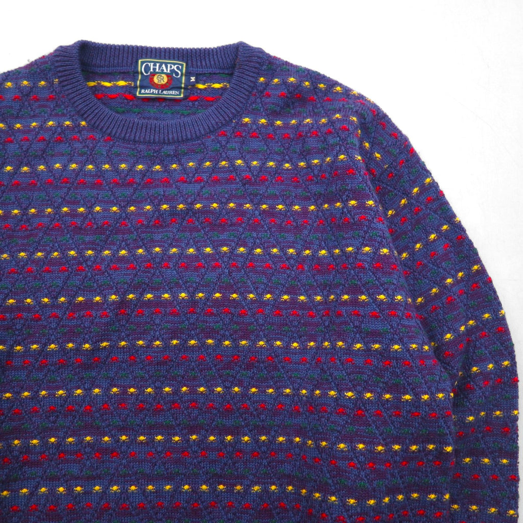 CHAPS RALPH LAUREN 90s Made in Japan Crew Neck All-Over Print Knit Sweater, Size M, Navy Wool