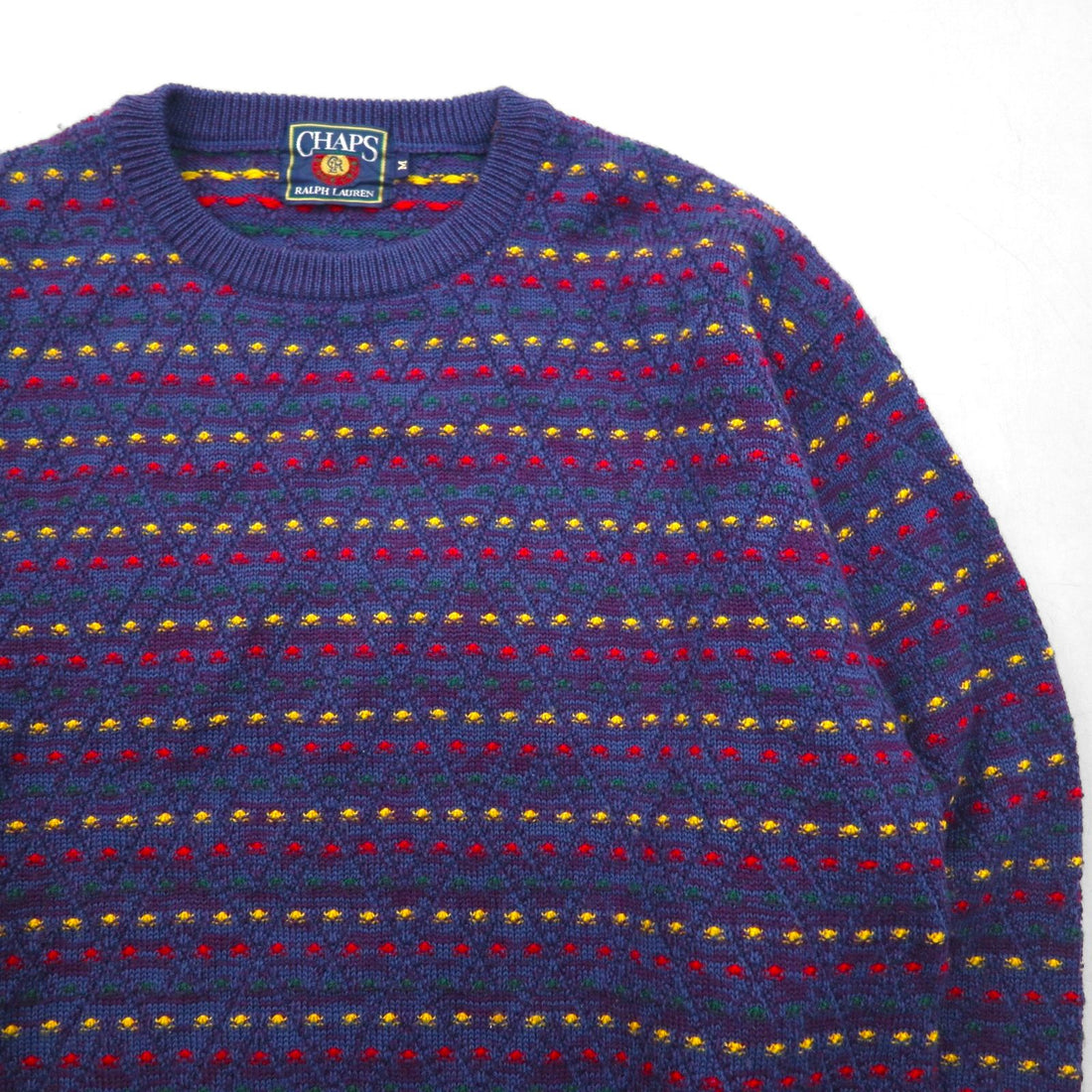 CHAPS RALPH LAUREN 90s Made in Japan Crew Neck All-Over Print Knit Sweater, Size M, Navy Wool