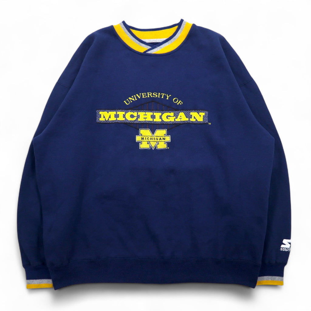STARTER 90s College Embroidery Rib Line Sweatshirt XL Navy MICHIGAN