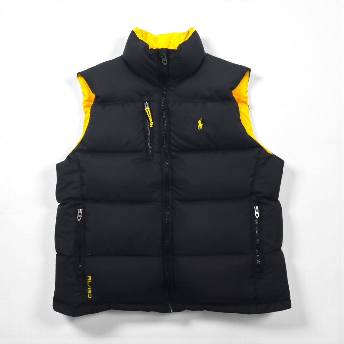 Polo Ralph Lauren Stand Collar Down Vest, Size L, Black and Yellow, Small Pony, Talon Zip