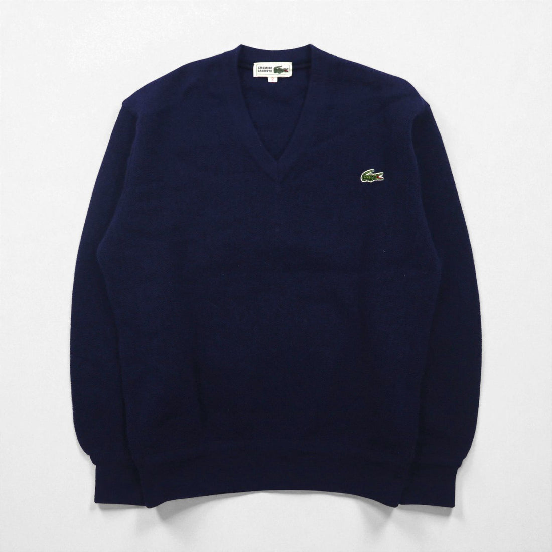 CHEMISE LACOSTE 80s Made in Japan V-neck knit sweater, size S, navy, one-point logo