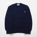 CHEMISE LACOSTE 80s Made in Japan V-neck knit sweater, size S, navy, one-point logo