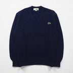 CHEMISE LACOSTE 80s Made in Japan V-neck knit sweater, size S, navy, one-point logo