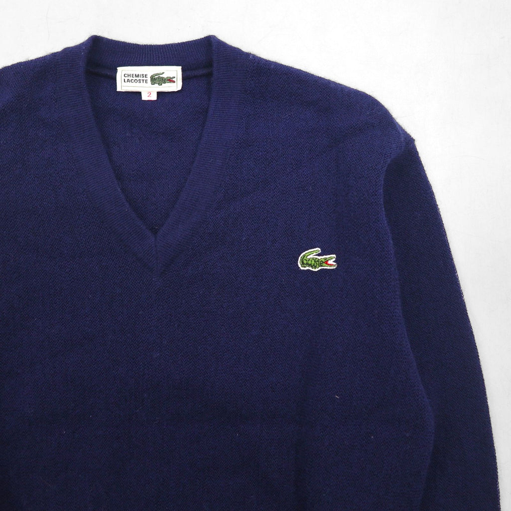 CHEMISE LACOSTE 80s Made in Japan V-neck knit sweater, size S, navy, one-point logo