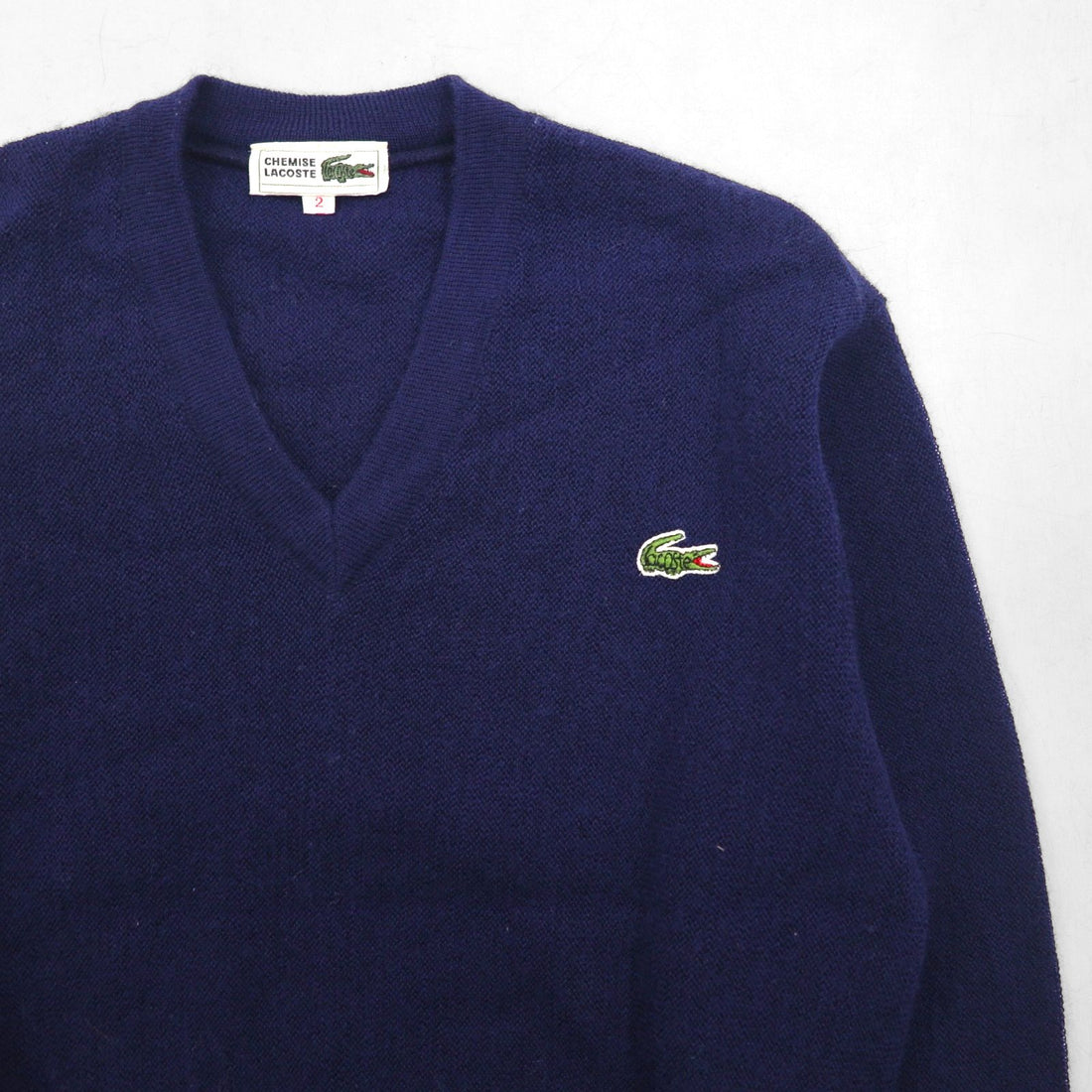 CHEMISE LACOSTE 80s Made in Japan V-neck knit sweater, size S, navy, one-point logo