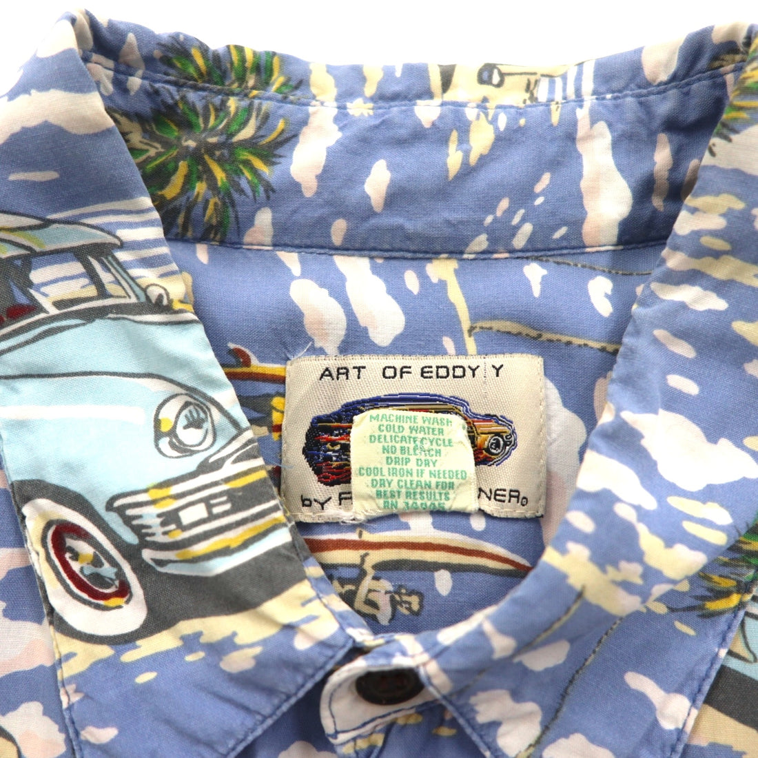 ART OF EDDY Y by REYN SPOONER 90s Hawaiian-Made Classic Car Aloha Shirt, Size XL, Blue, Spun Rayon