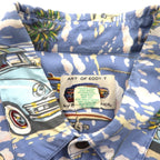 ART OF EDDY Y by REYN SPOONER 90s Hawaiian-Made Classic Car Aloha Shirt, Size XL, Blue, Spun Rayon