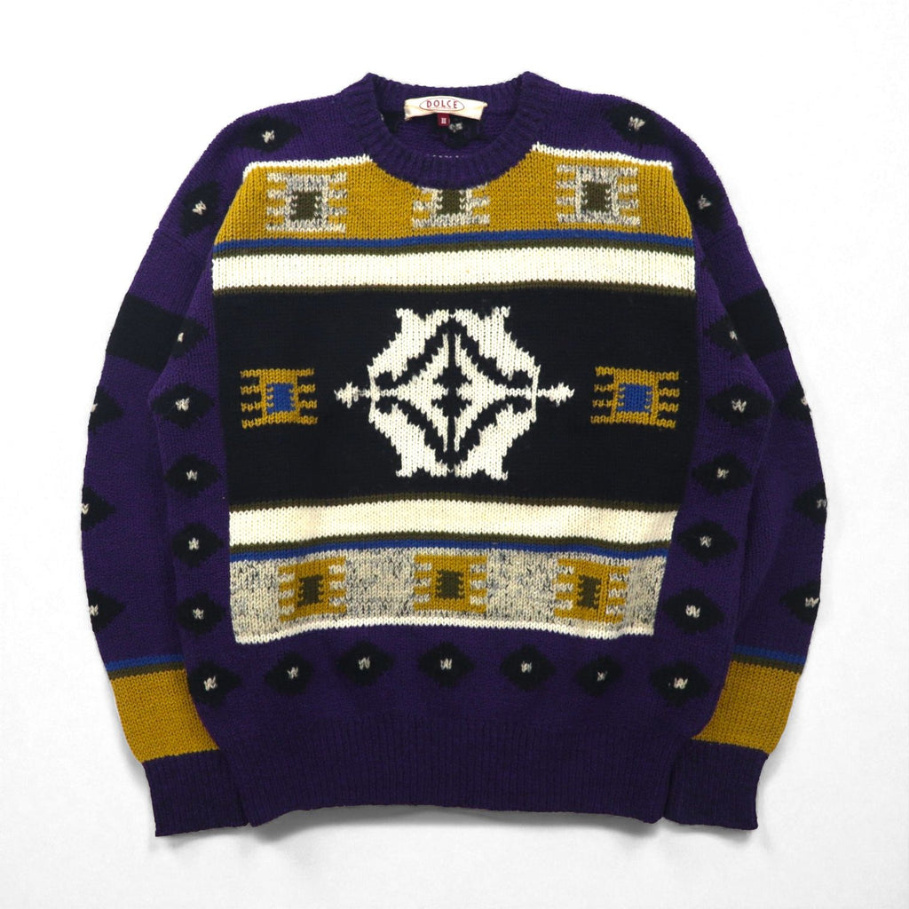 DOLCE 80s Japan Vintage Knit All-Over Print Knit Sweater, Size L, Purple Wool and Mohair Blend, Made in Japan, 1980s