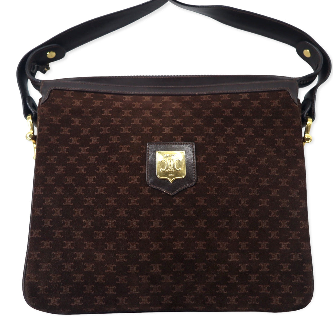 CELINE Old Macadam Shoulder Bag Brown Suede Leather Triomphe Logo Plate Made in Italy