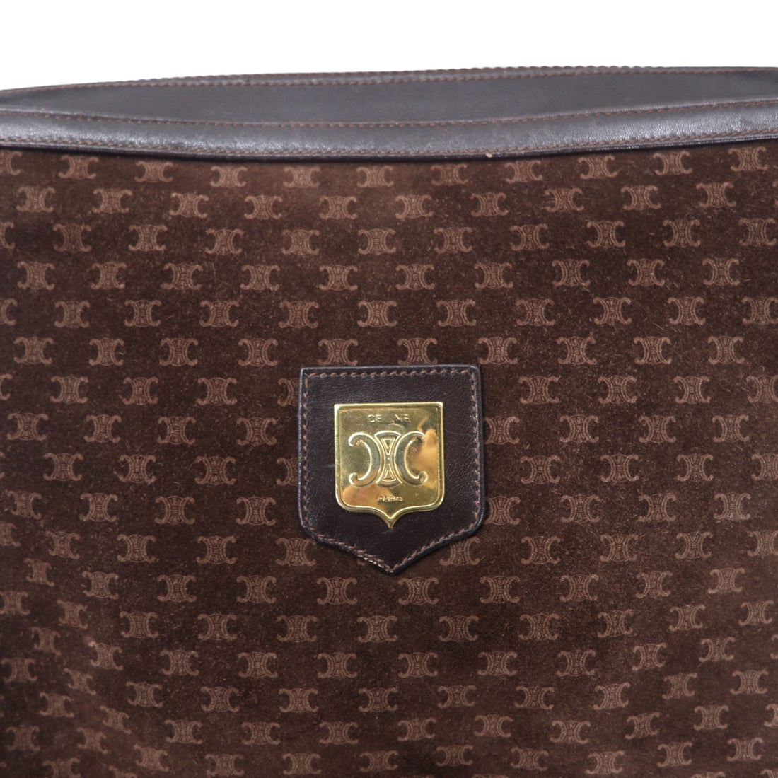 CELINE Old Macadam Shoulder Bag Brown Suede Leather Triomphe Logo Plate Made in Italy