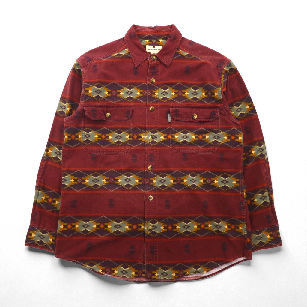 Woolrich ネイティブ柄 ワークシャツ M ボルドー 総柄 コットン 胸ポケット AZTEC STRIPE